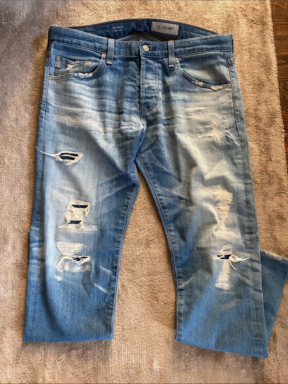 Ag Adriano Goldschmied Men's Light Blue Distressed Slim Straight Jeans